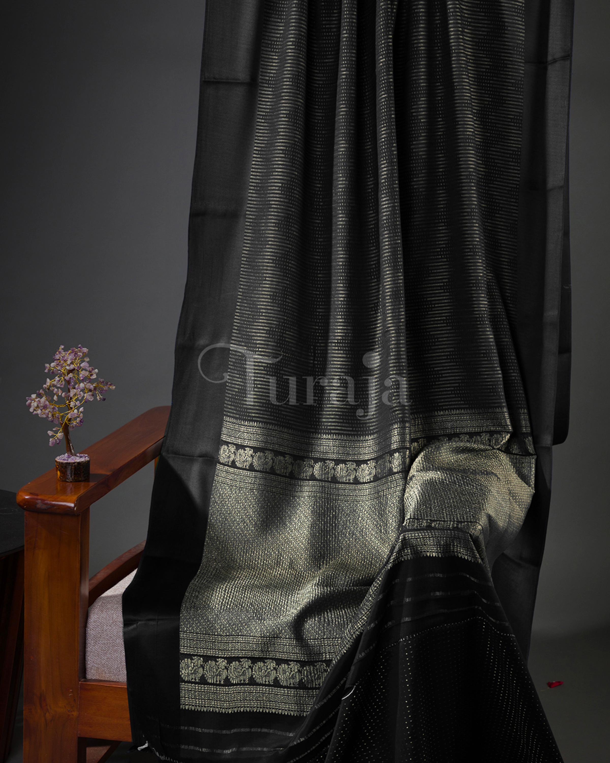 Sunset Weave: Black Mysore Crepe Silk Saree