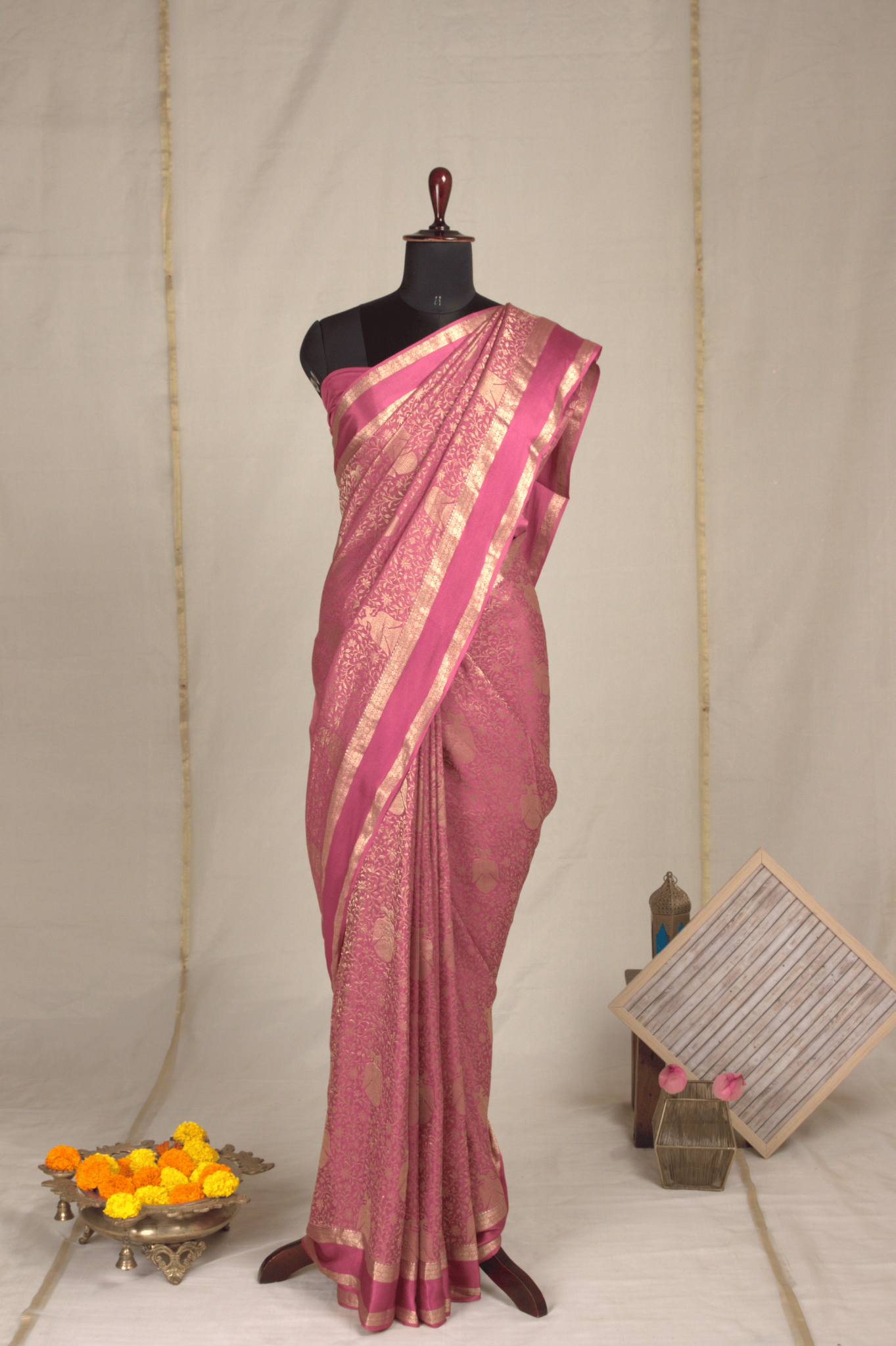 Brocade Peacock: Peach Pink Mysore Crepe Silk Saree