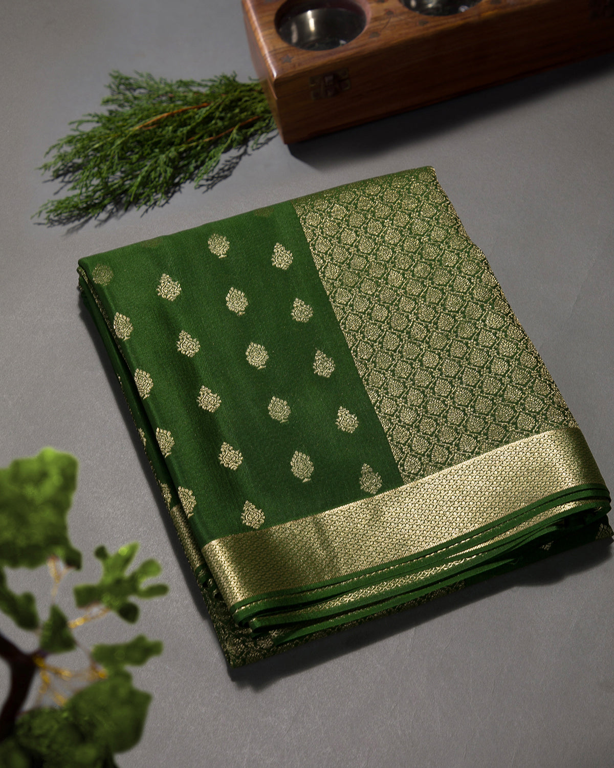 Zari Darbar - Mehendi Green Mysore Crepe Silk Saree