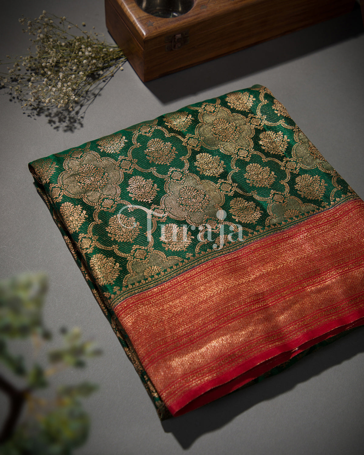 Dual Tone Brocade Contrast: Bottle Green & Red Mysore Crepe Silk Saree-view1