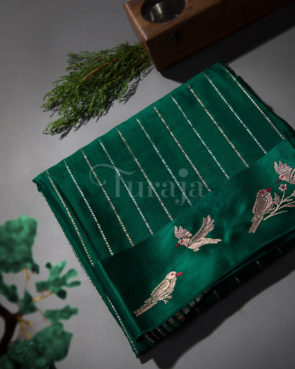 Rustic Bird: Green Mysore Crepe Silk Saree