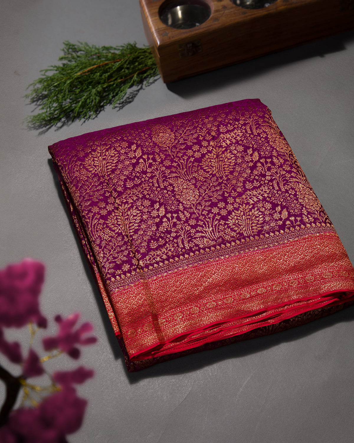 Gulbarga - Wine and Red Mysore Crepe Silk Saree