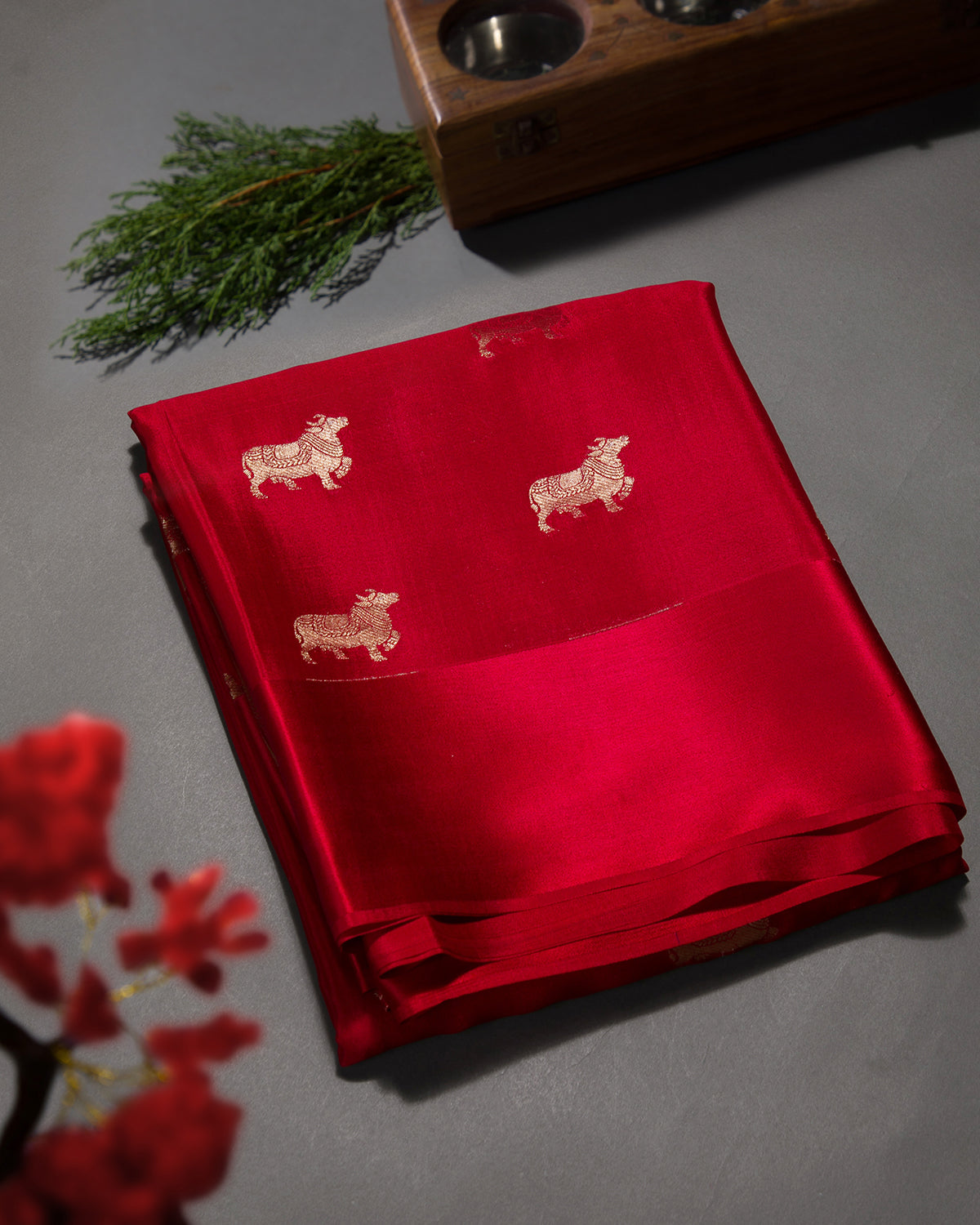 Pichwai - Red Mysore Crepe Silk Saree