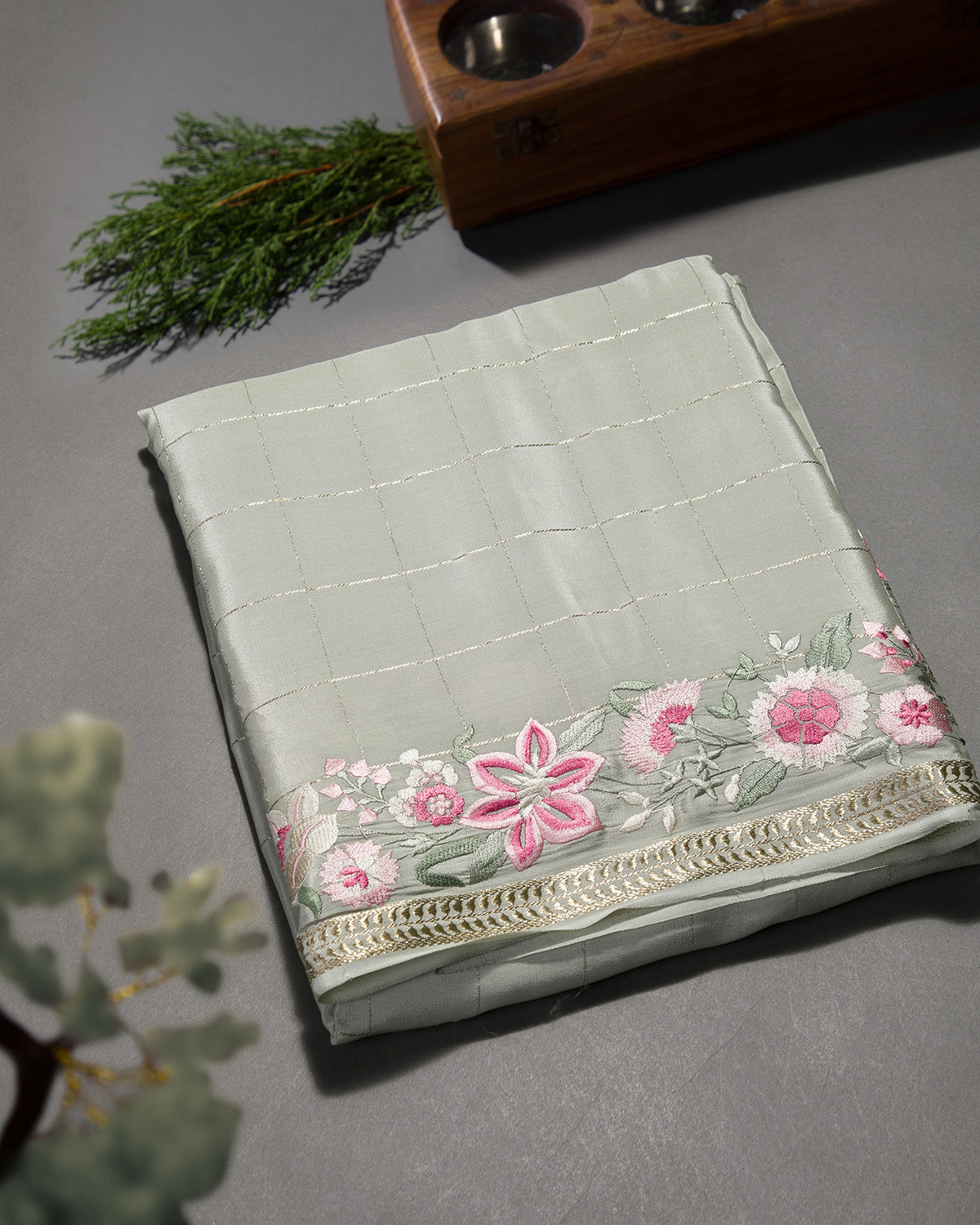 Floral Trace - Grey Mysore Crepe Silk Saree