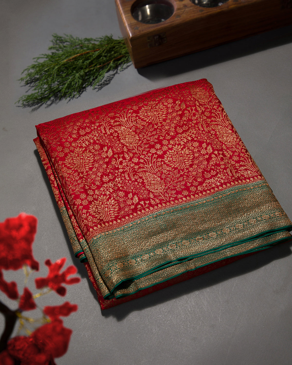 Gulbarga - Red and Bottle Green Mysore Crepe Silk Saree