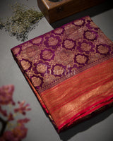 Dual Tone Brocade Contrast: Wine & Red Mysore Crepe Silk Saree-view1