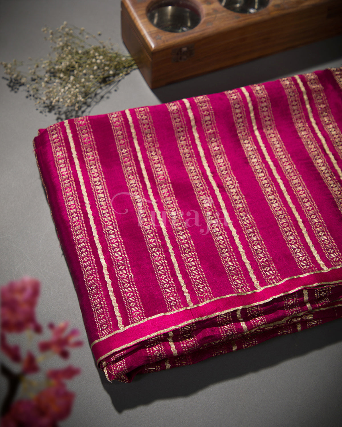 Stripes & Satin: Magenta Mysore Crepe Silk Saree-view1