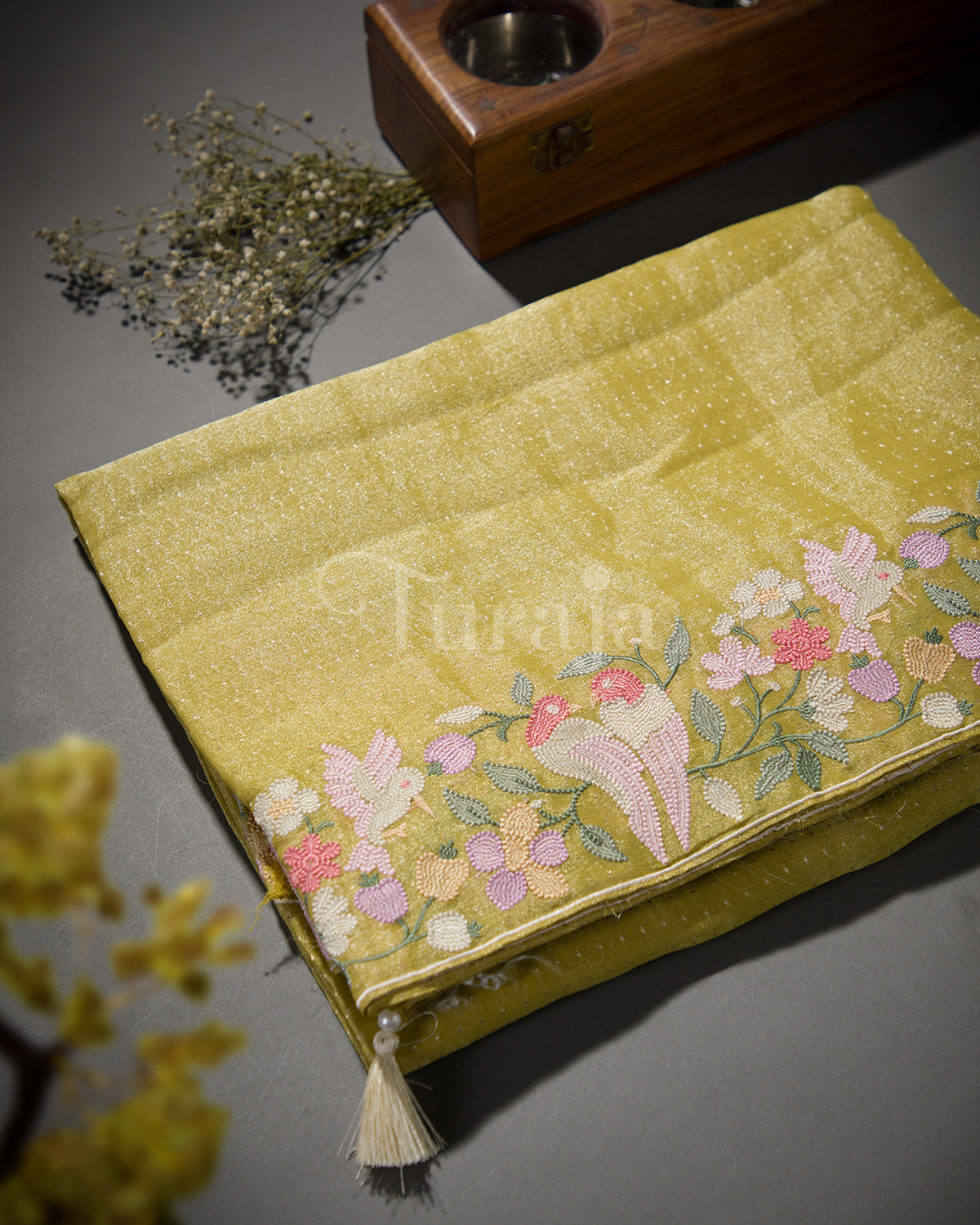 Pastel Tissue Petal Border: Yellow Mysore Crepe Silk Saree