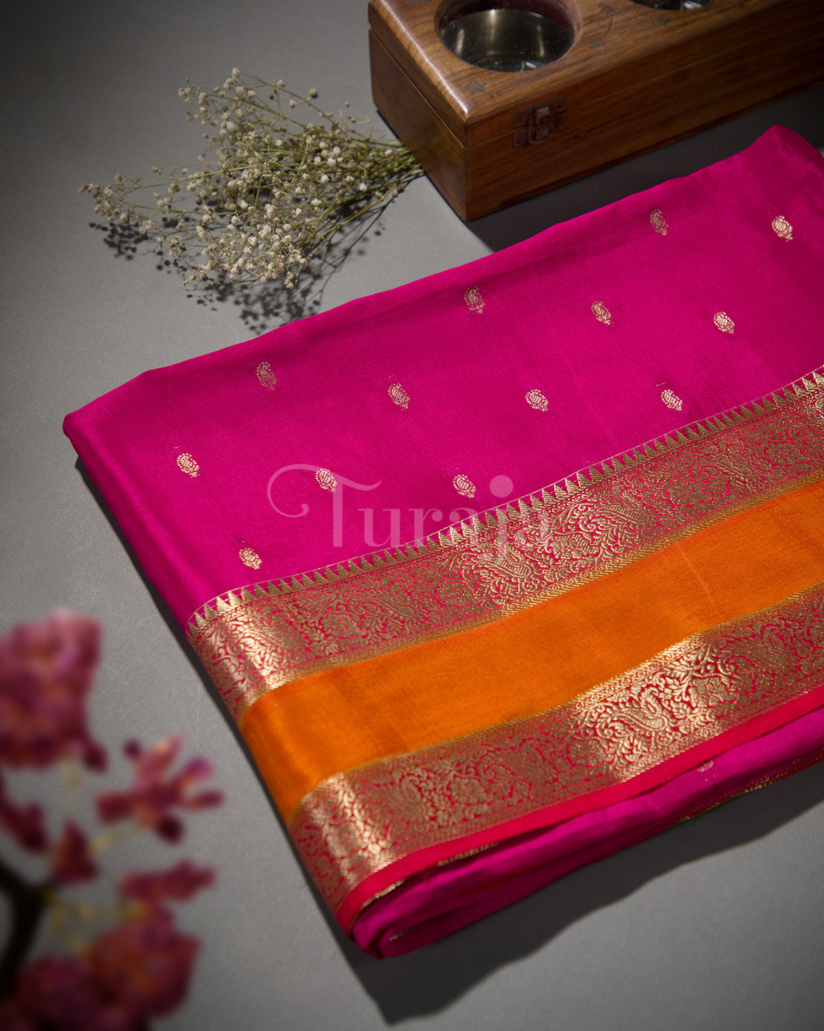 Royal Contrast: Rani Pink & Orange Mysore Crepe Silk Saree