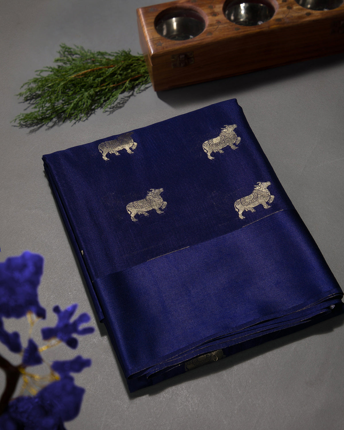 Pichwai - Navy Blue Mysore Crepe Silk Saree