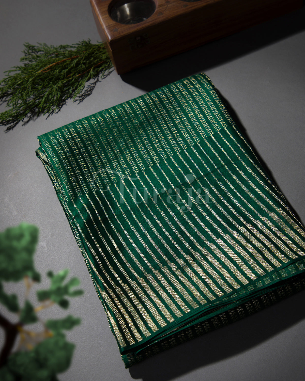 Stripes Saga: Bottle Green Mysore Crepe Silk Saree