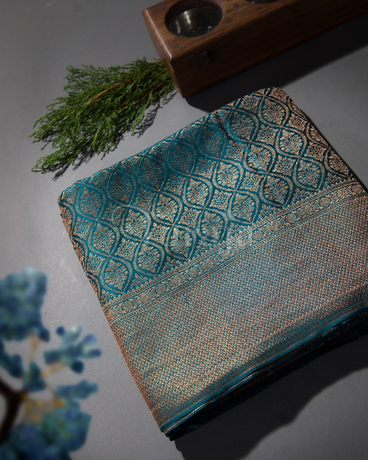 (Rashmika Mandanna Design) Saanjh: Rama Blue Brocade Mysore Crepe Silk Saree