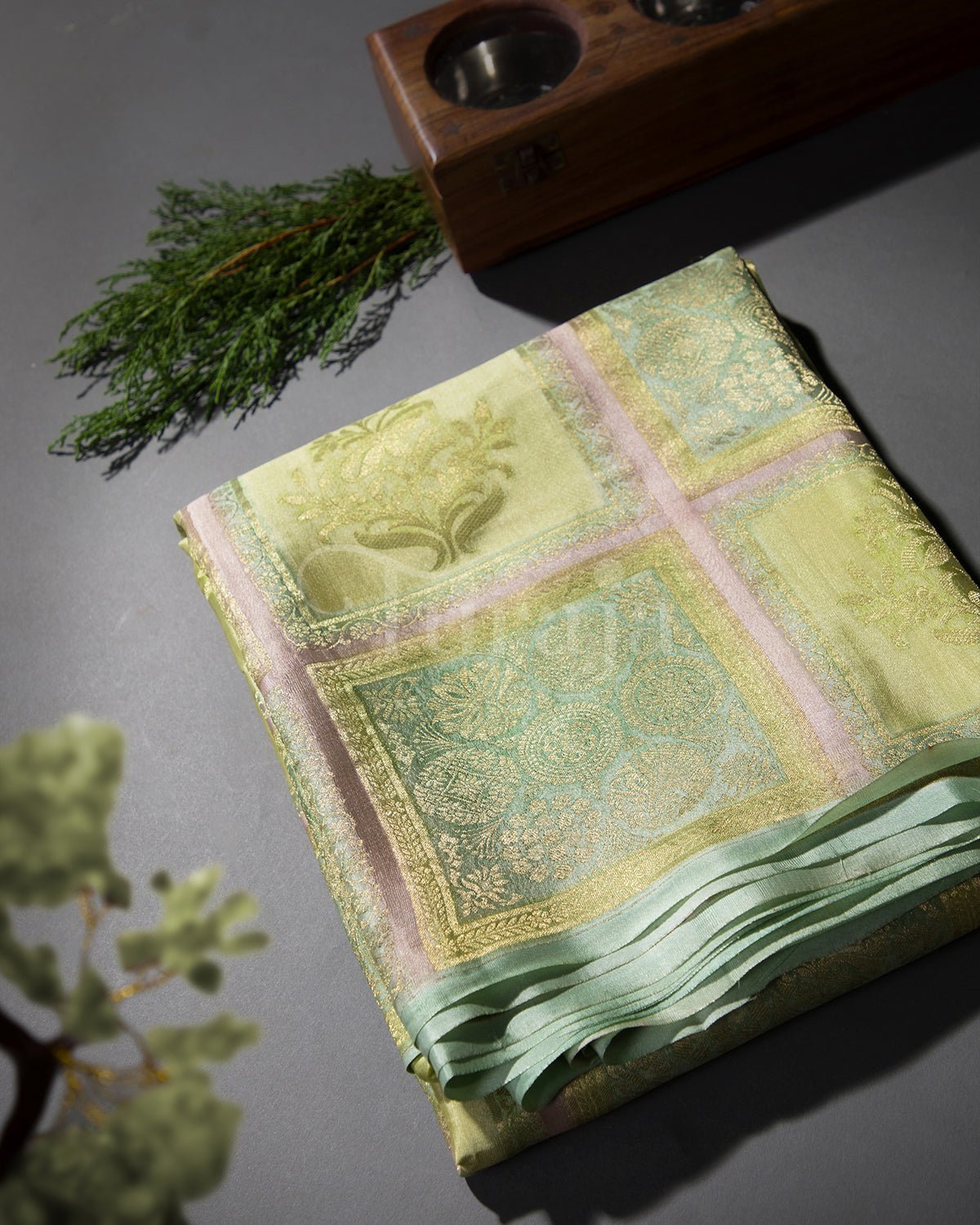 Floral Garden: Lime Green Mysore Crepe Silk Saree