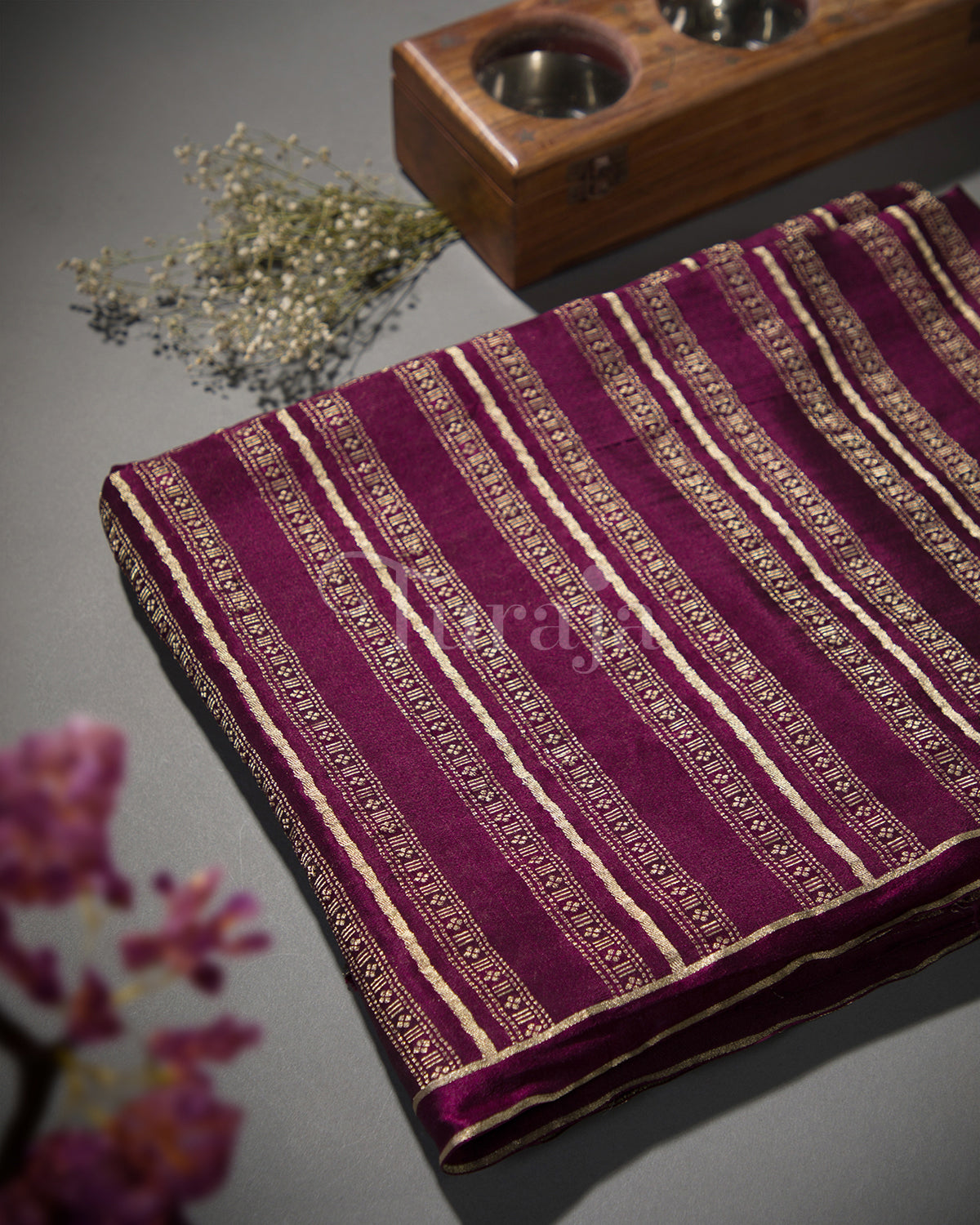 Stripes & Satin: Wine Mysore Crepe Silk Saree - view1