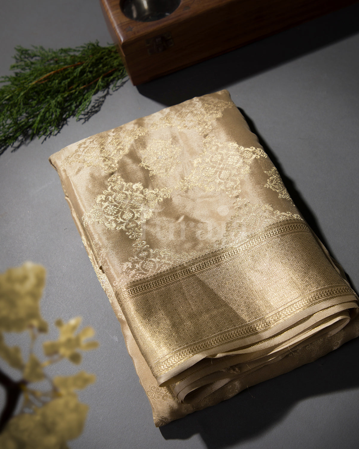 Phoolkari Jaal Brocade: Beige Mysore Crepe Silk Saree