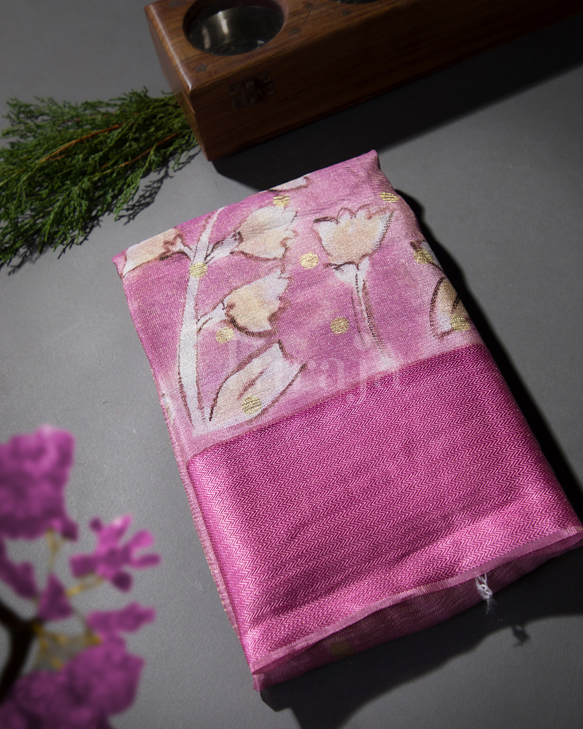 Whispering Bloom: Pink Mysore Crepe Silk Saree