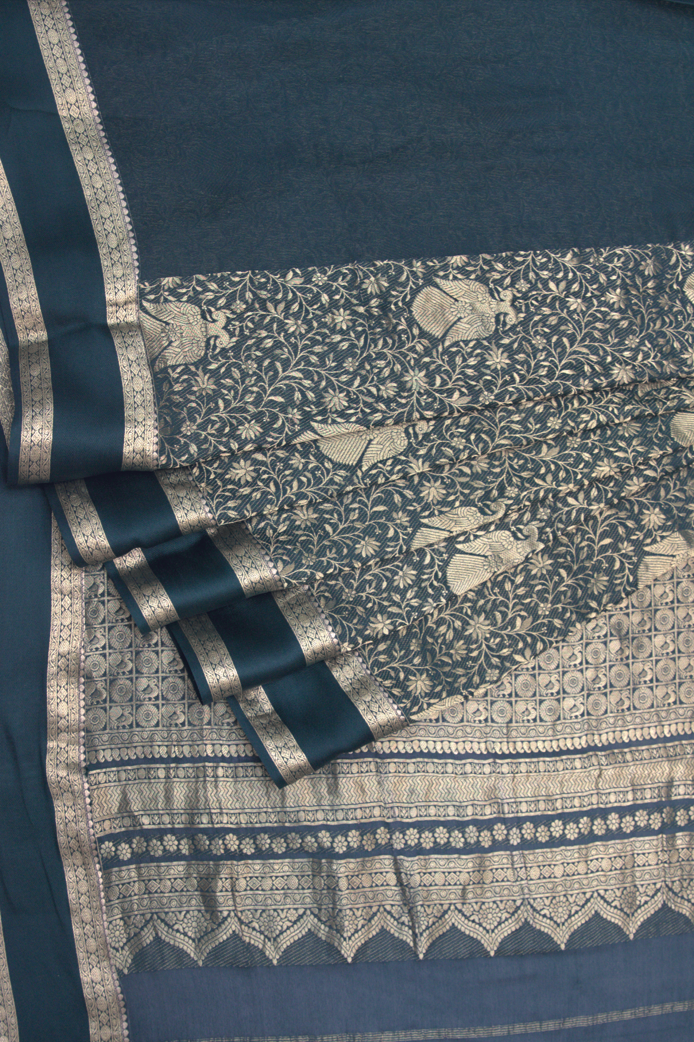 Brocade Peacock: Bottle Green Mysore Crepe Silk Saree