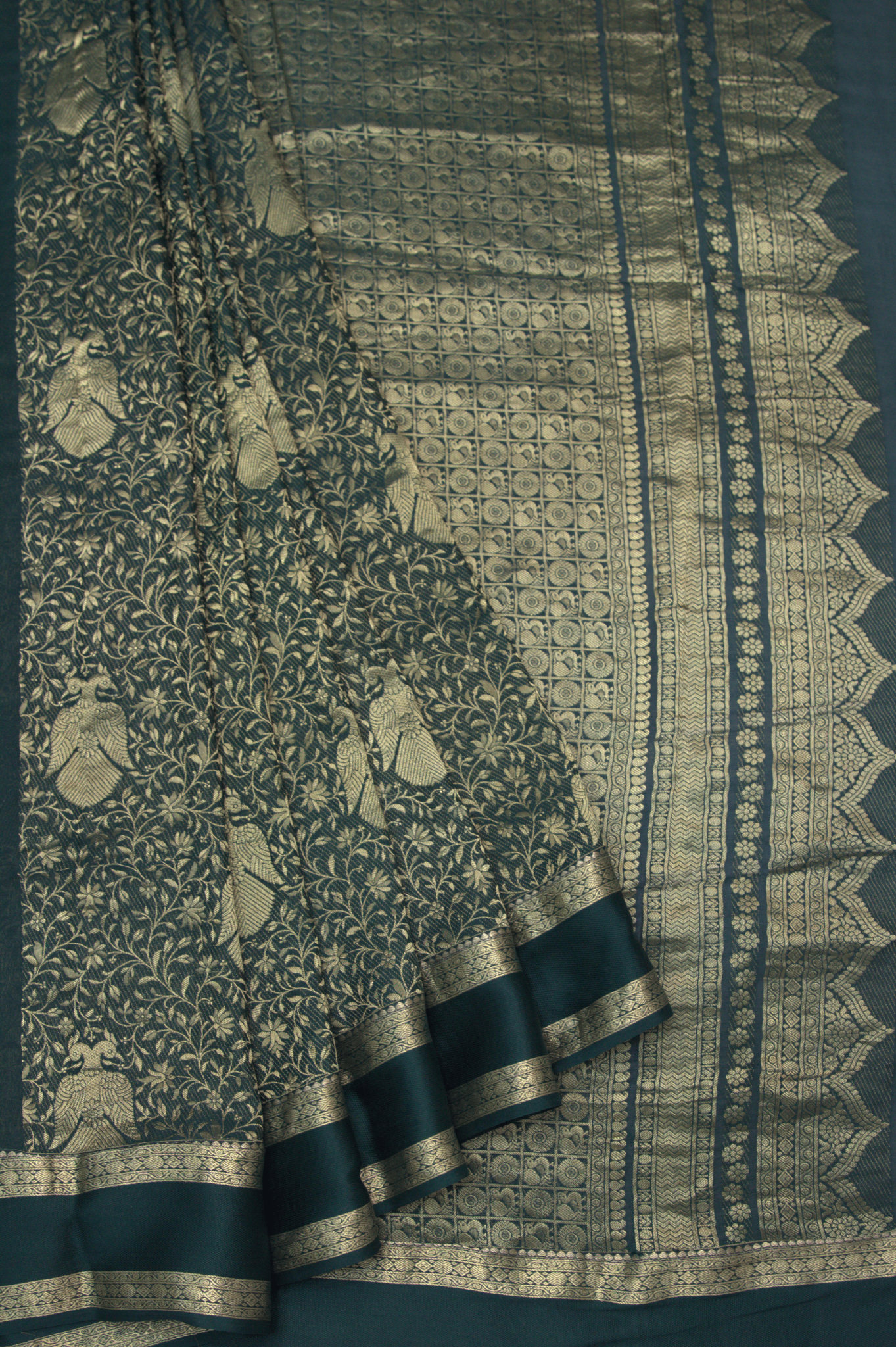 Brocade Peacock: Bottle Green Mysore Crepe Silk Saree