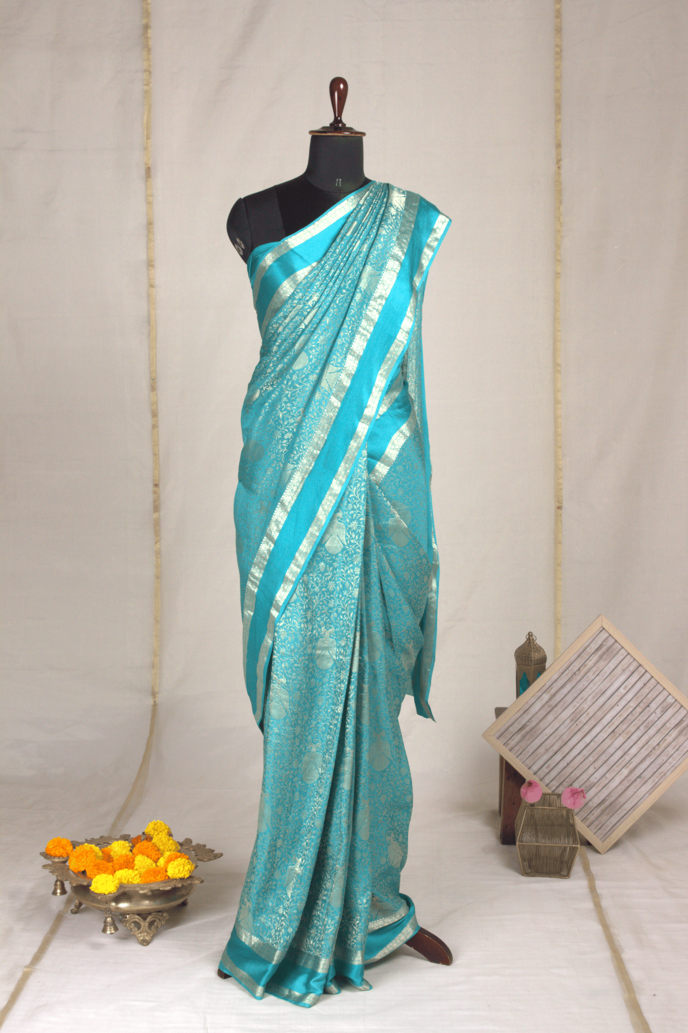Brocade Peacock: Sky Blue Mysore Crepe Silk Saree