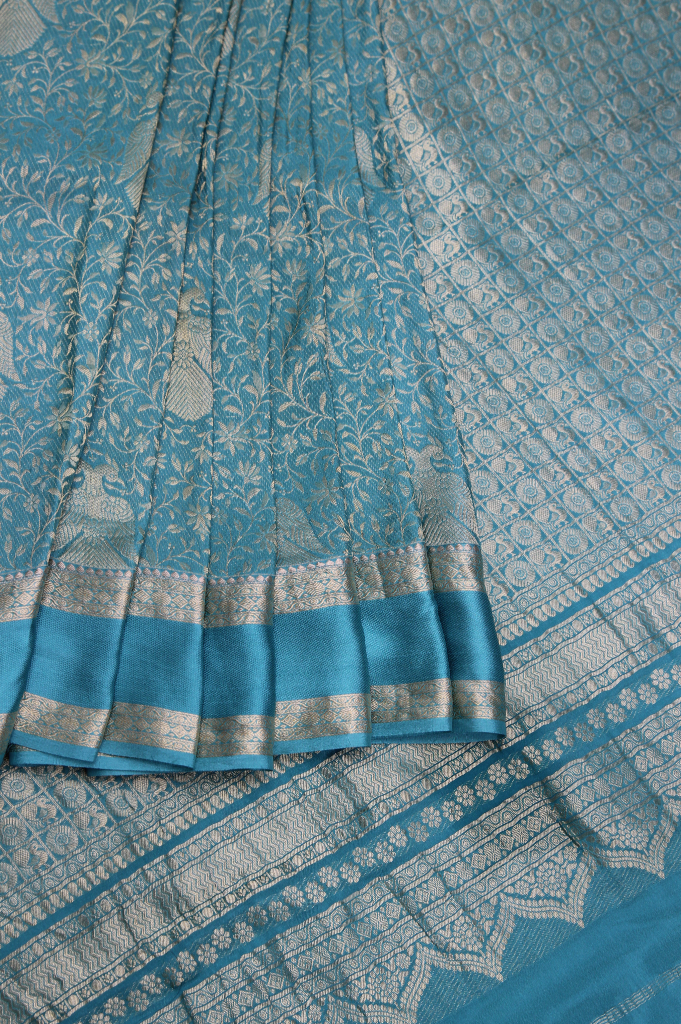 Brocade Peacock: Sky Blue Mysore Crepe Silk Saree