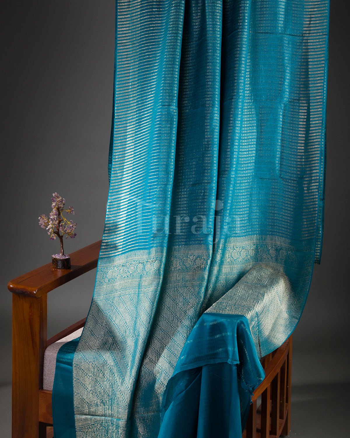 Stripes Saga: Rama Blue Mysore Crepe Silk Saree