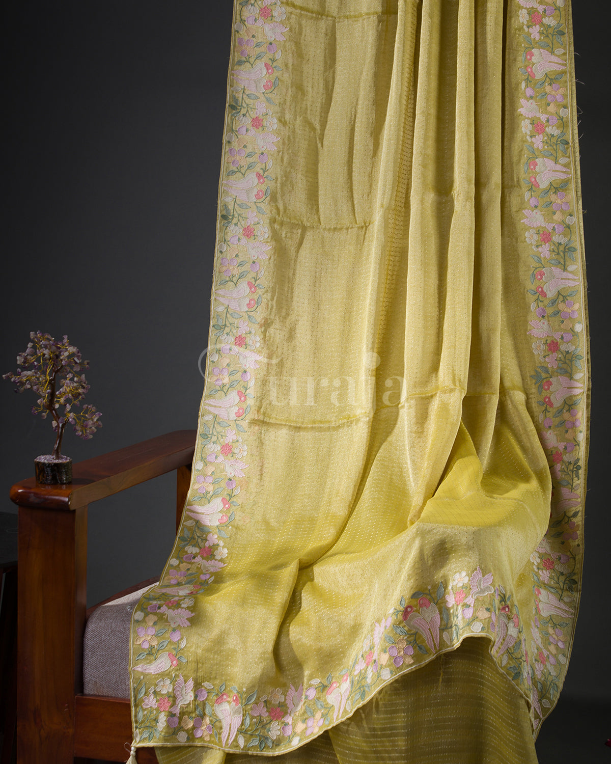 Pastel Tissue Petal Border: Yellow Mysore Crepe Silk Saree
