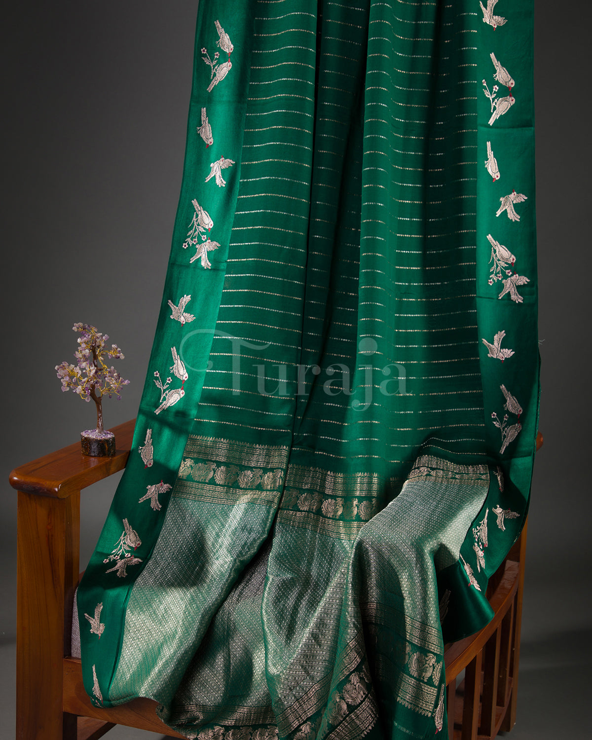 Rustic Bird: Green Mysore Crepe Silk Saree