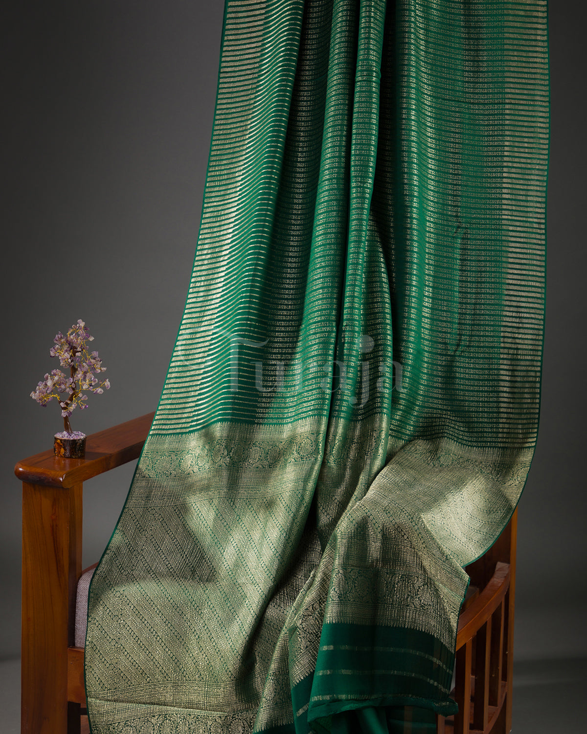 Stripes Saga: Bottle Green Mysore Crepe Silk Saree