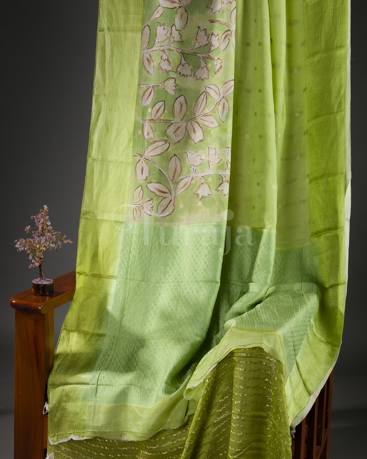 Whispering Bloom: Lime Green Mysore Crepe Silk Saree