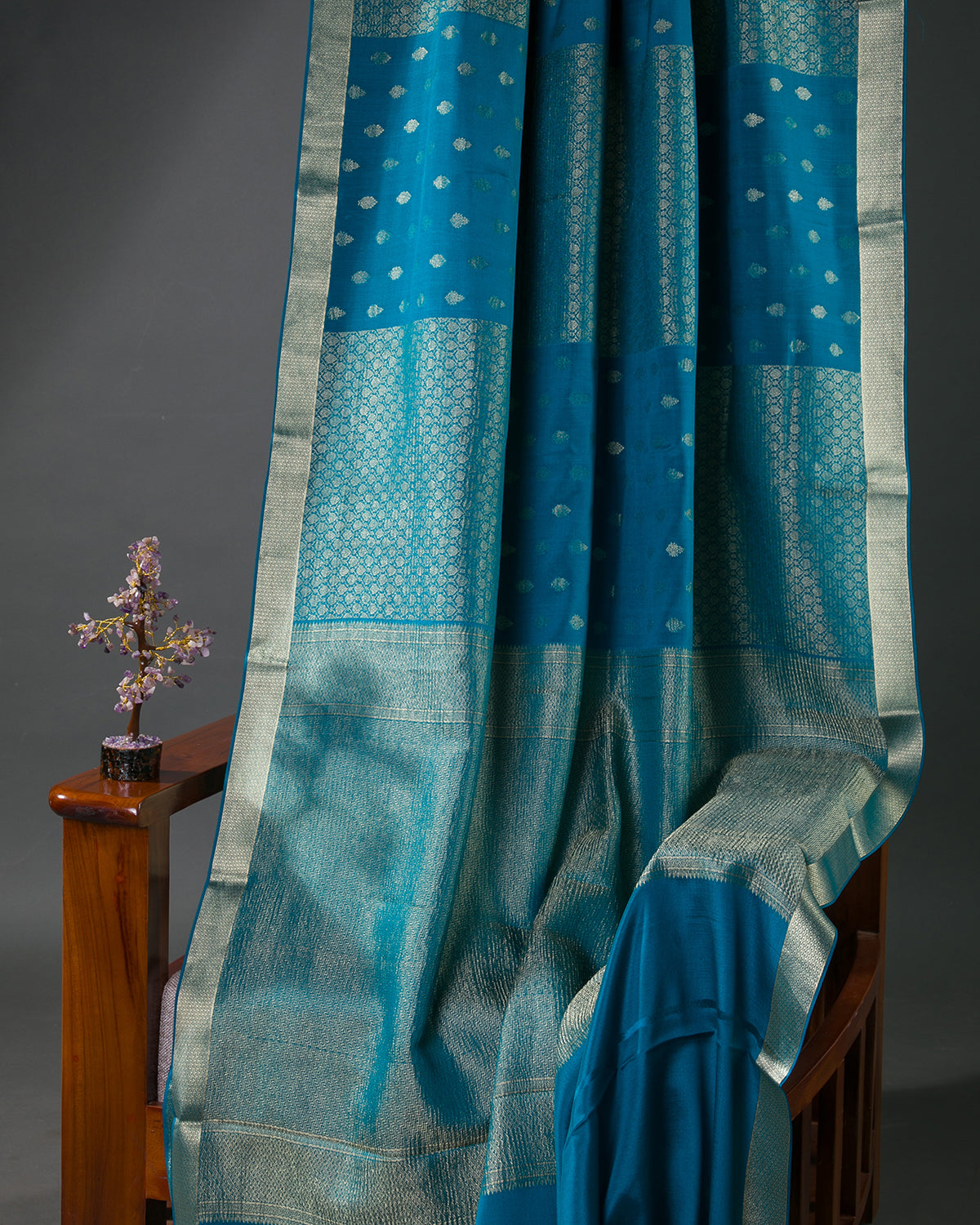 Zari Darbar - Peacock Blue Mysore Crepe Silk Saree
