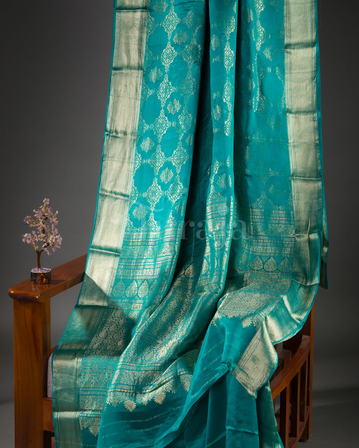 Phoolkari Jaal Brocade: Rama Blue Mysore Crepe Silk Saree