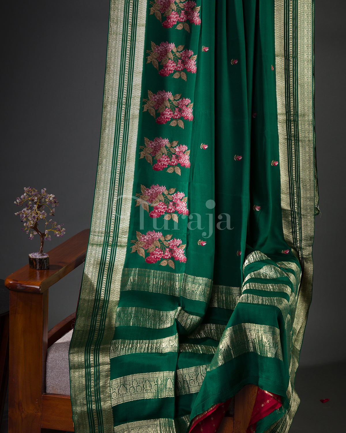 Cherry Blossom: Bottle Green Mysore Crepe Silk Saree