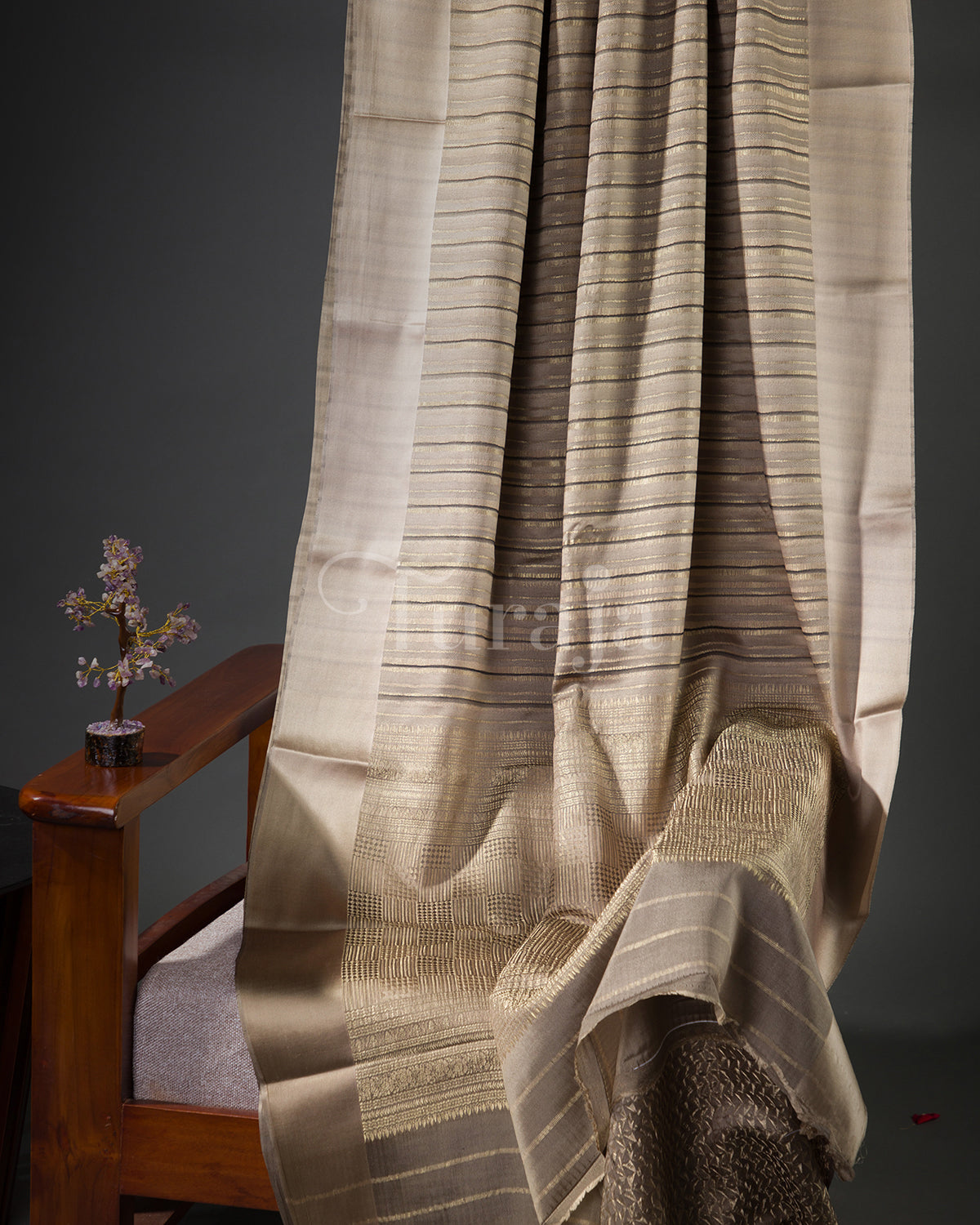 Timeless Stripes: Beige Mysore Crepe Silk Saree