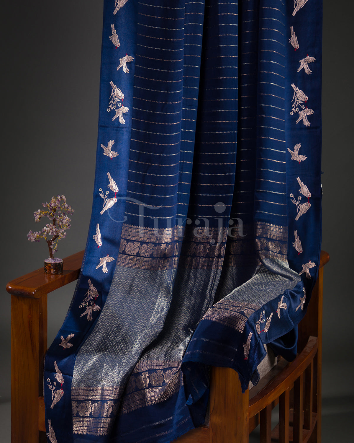Rustic Bird: Navy Blue Mysore Crepe Silk Saree