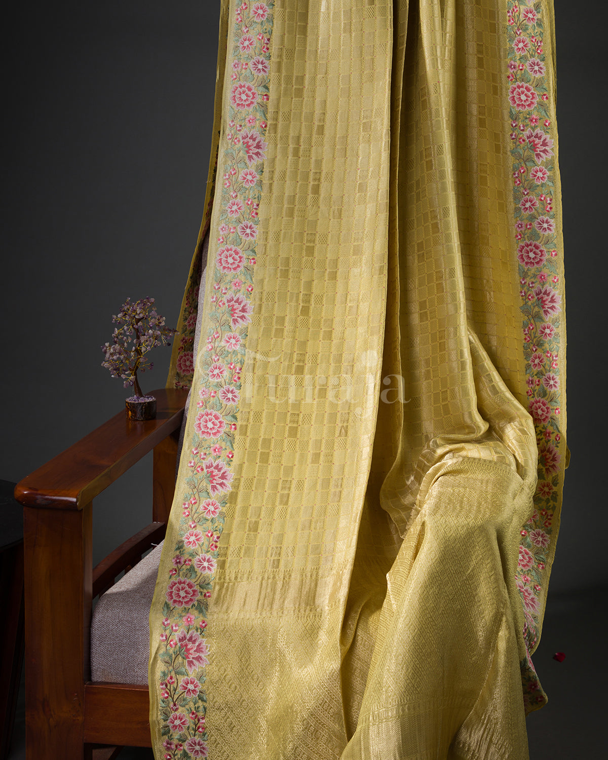 Floral Grid: Yellow Mysore Crepe Silk Saree