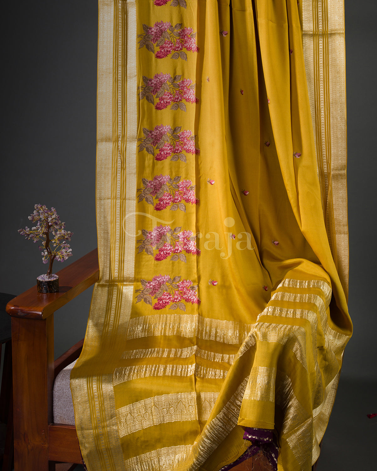 Cherry Blossom: Yellow Mysore Crepe Silk Saree