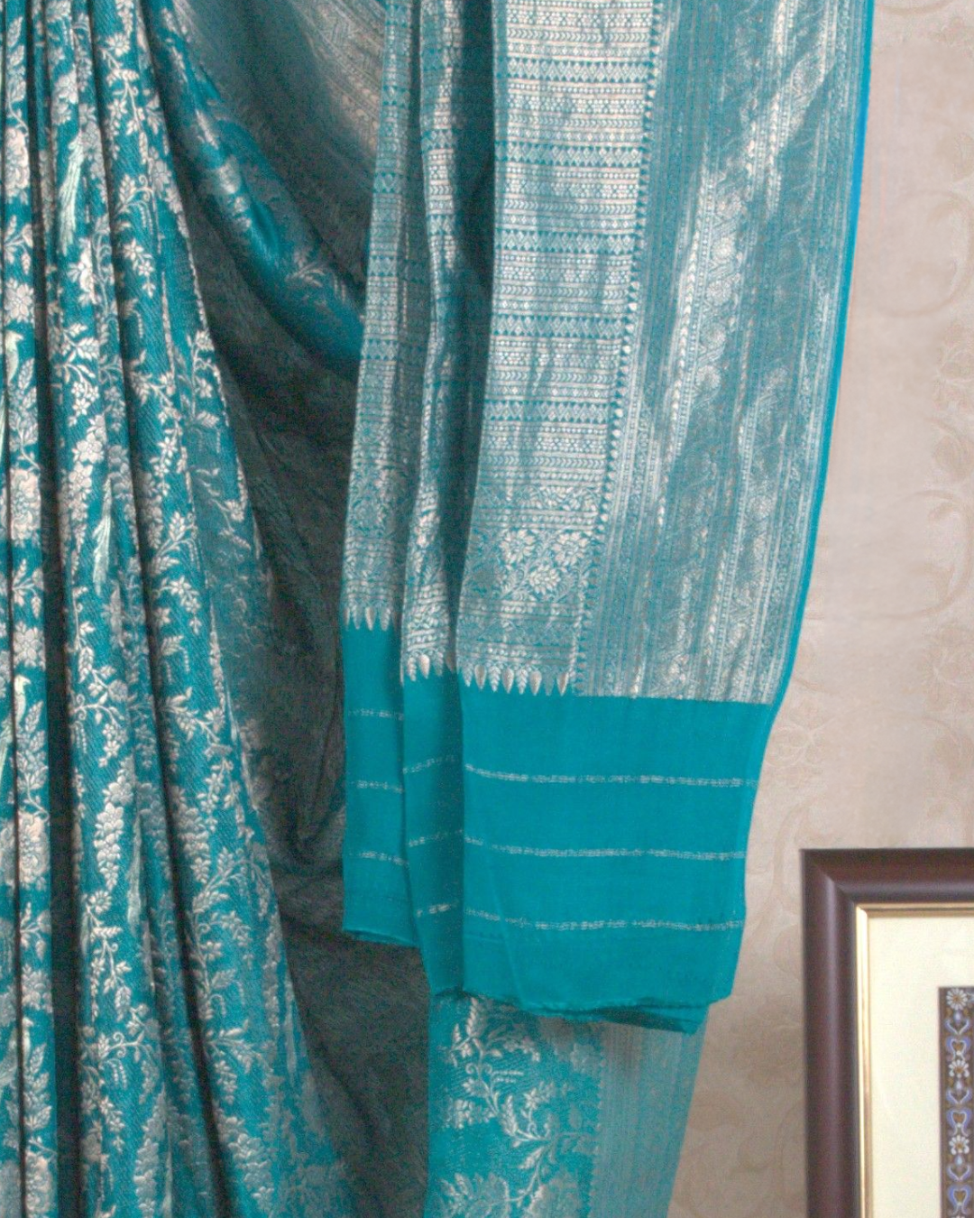 Jangla: Turquoise Blue Brocade Mysore Crepe Silk Saree
