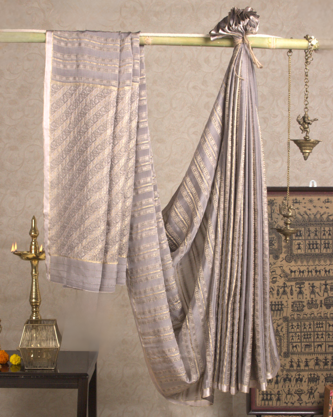 Stripes & Satin: Grey Mysore Crepe Silk Saree