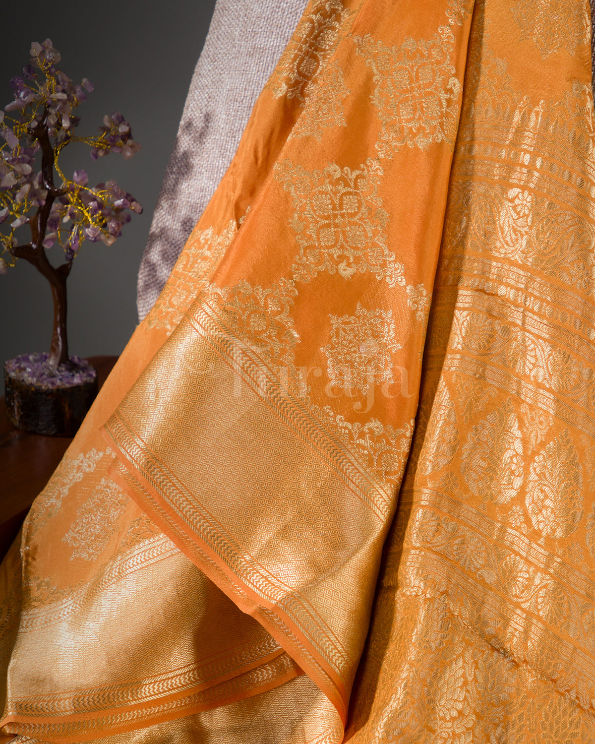 Phoolkari Jaal Brocade: Rust Orange Mysore Crepe Silk Saree