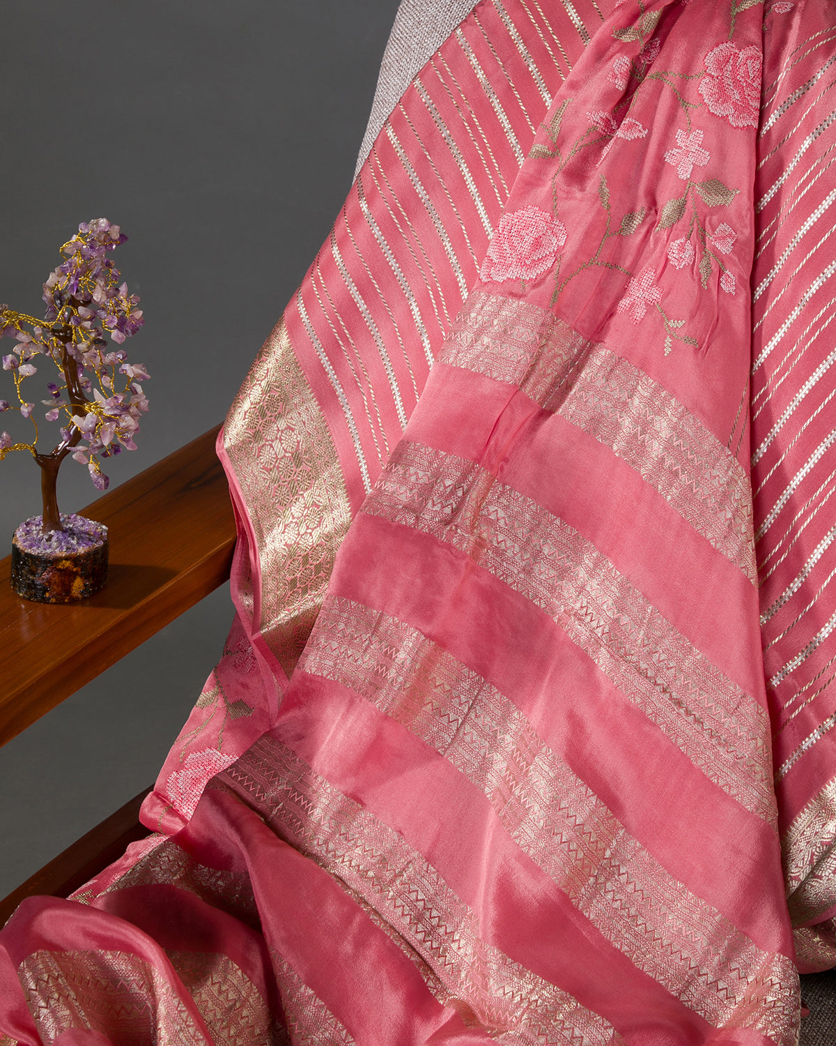 Floral Ari - Gajri Pink Mysore Crepe Silk Saree