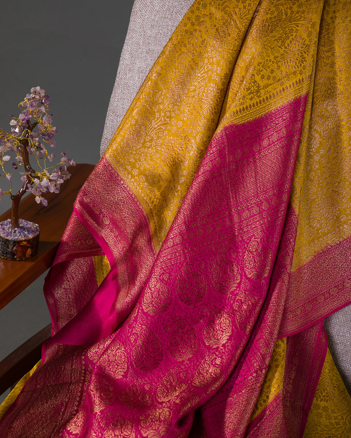 Gulbarga - Yellow and Rani Pink Mysore Crepe Silk Saree