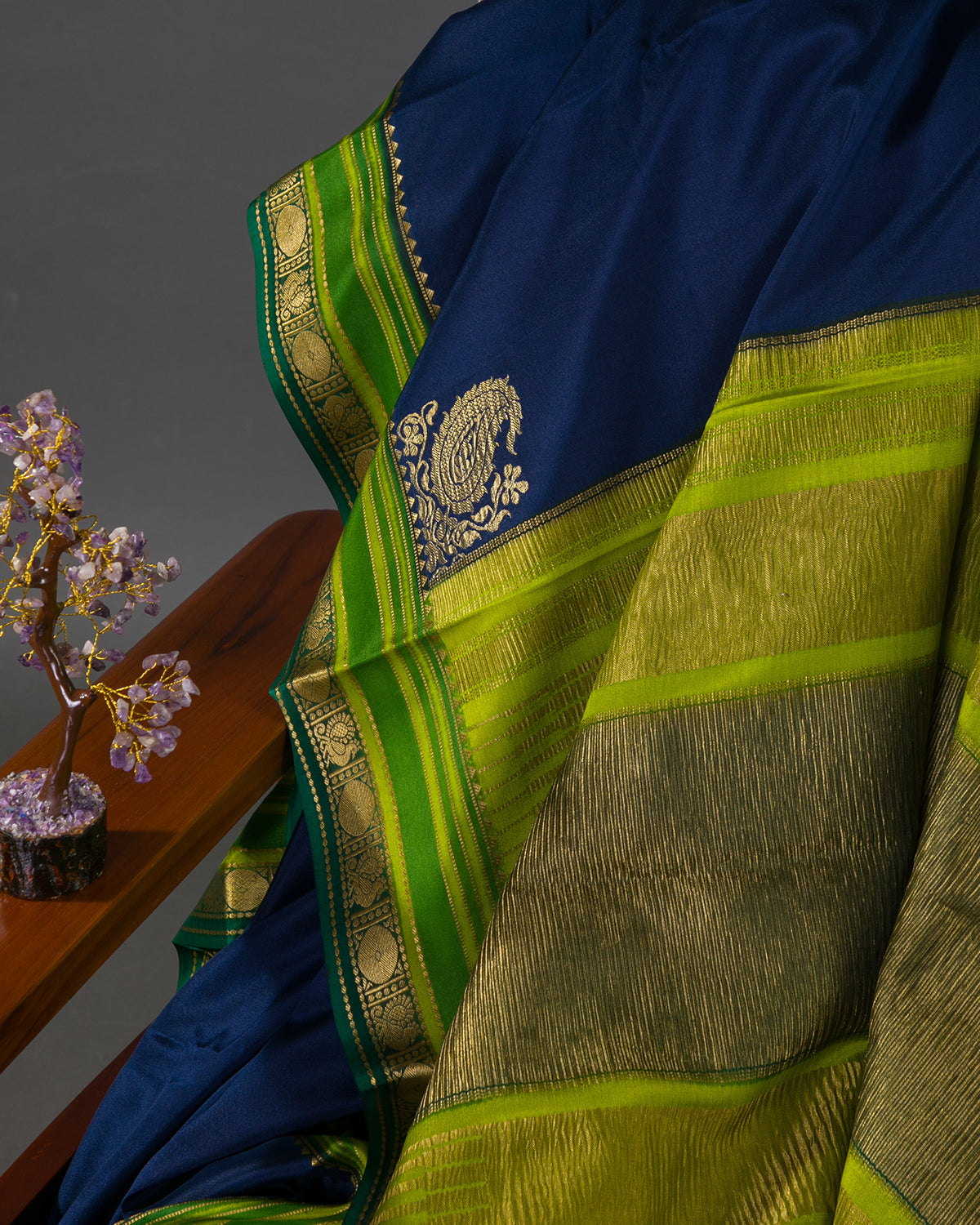Rangkart - Navy Blue and Bottle Green Mysore Crepe Silk Saree