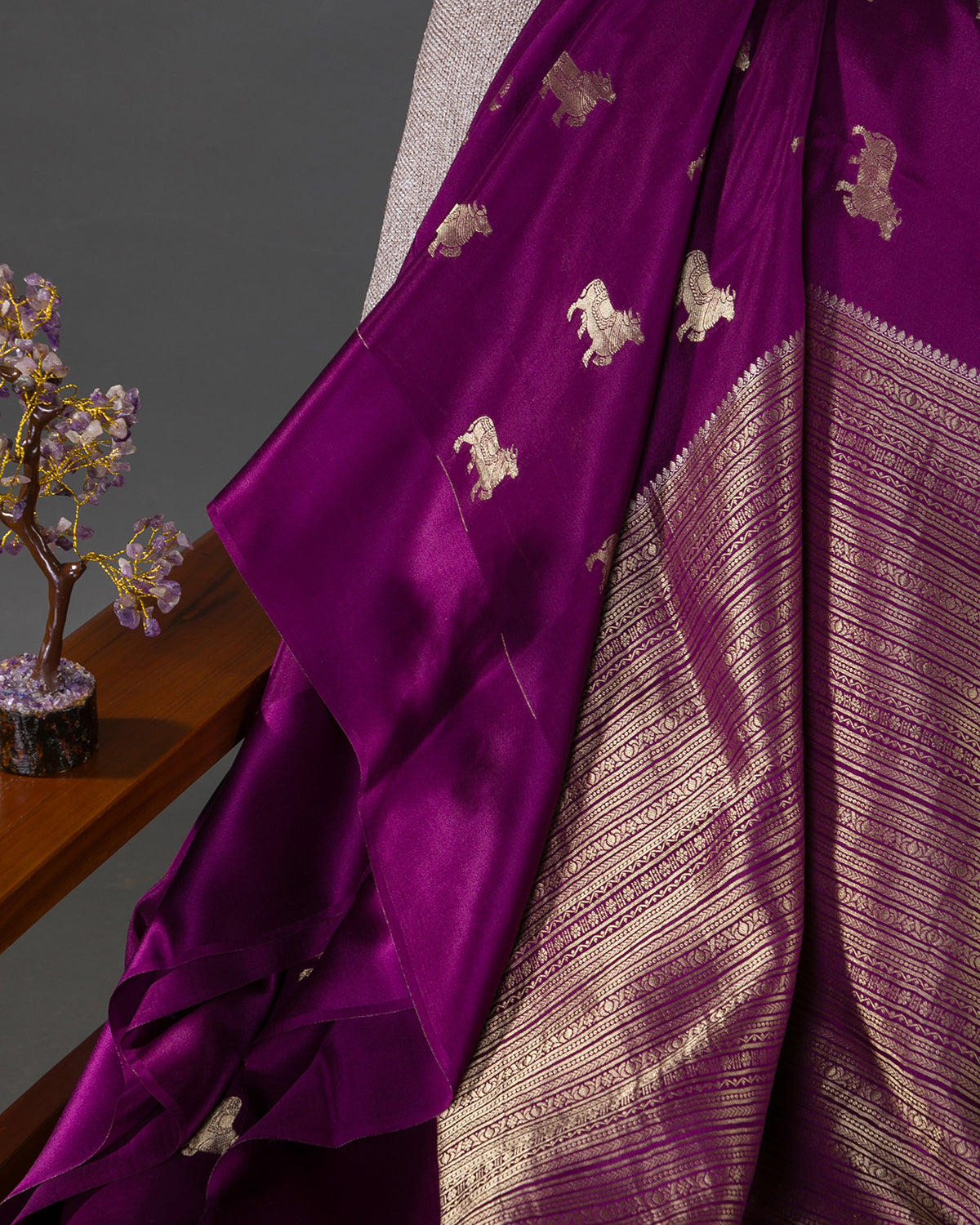 Pichwai - Wine Mysore Crepe Silk Saree