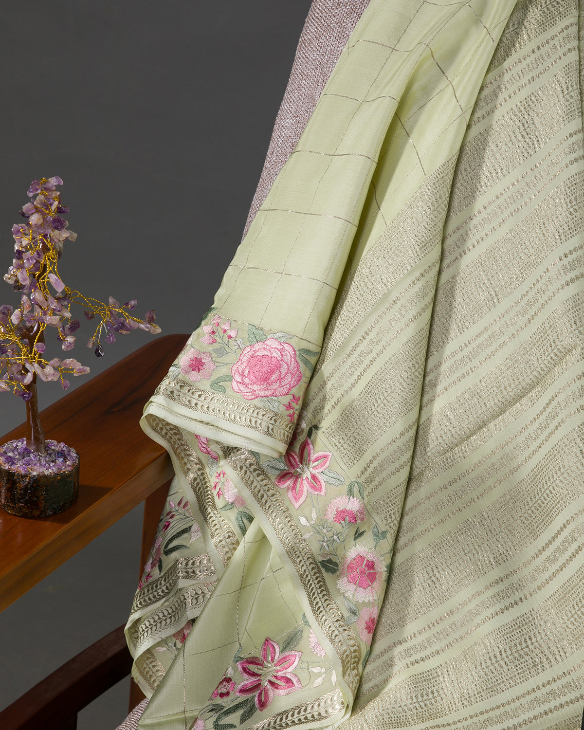 Floral Trace - Offwhite Mysore Crepe Silk Saree