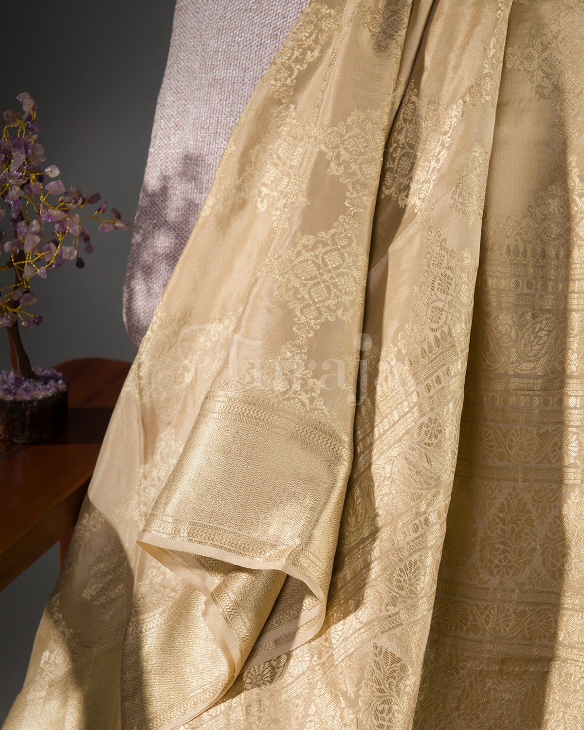 Phoolkari Jaal Brocade: Beige Mysore Crepe Silk Saree