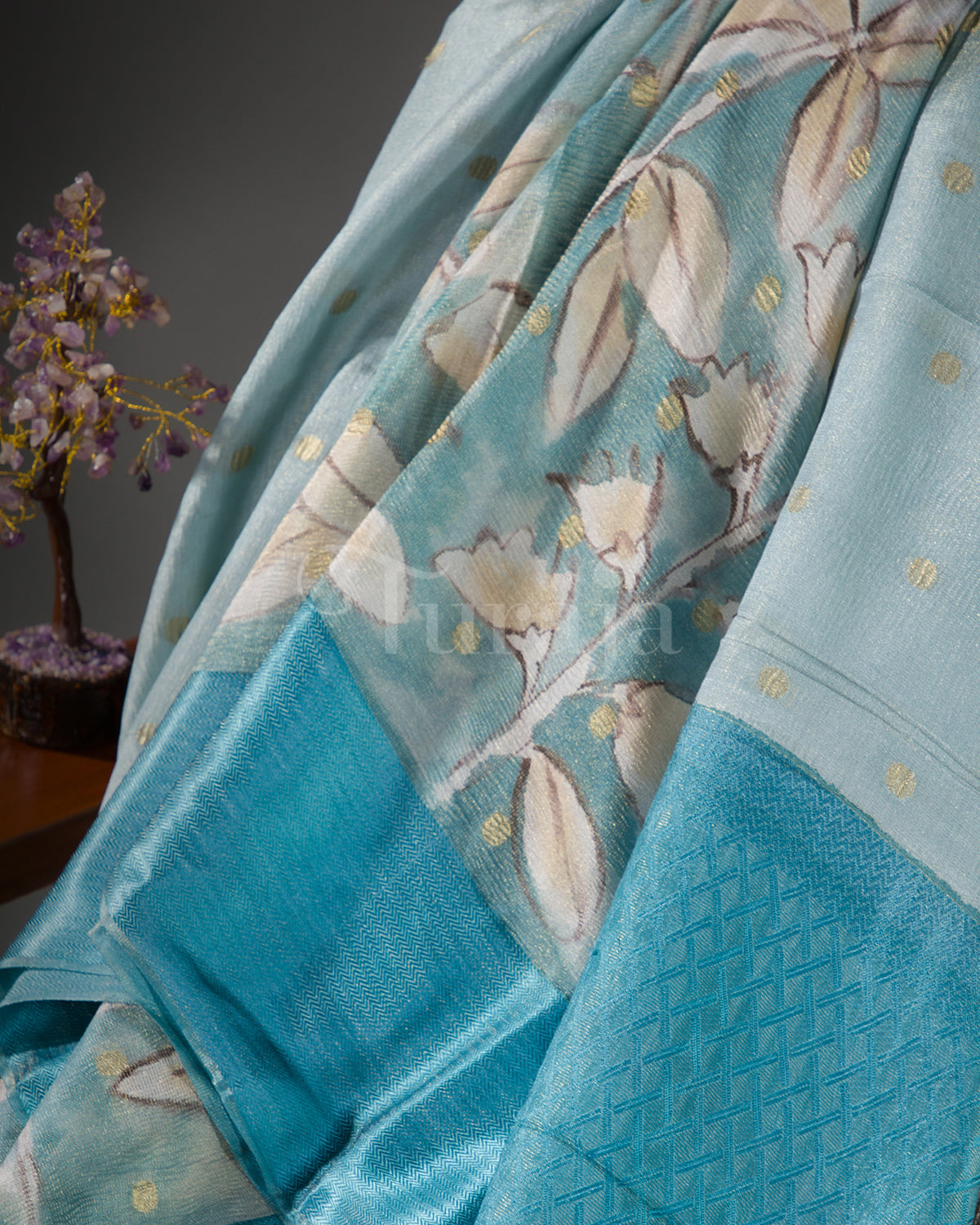 Whispering Bloom: Sky Blue Mysore Crepe Silk Saree