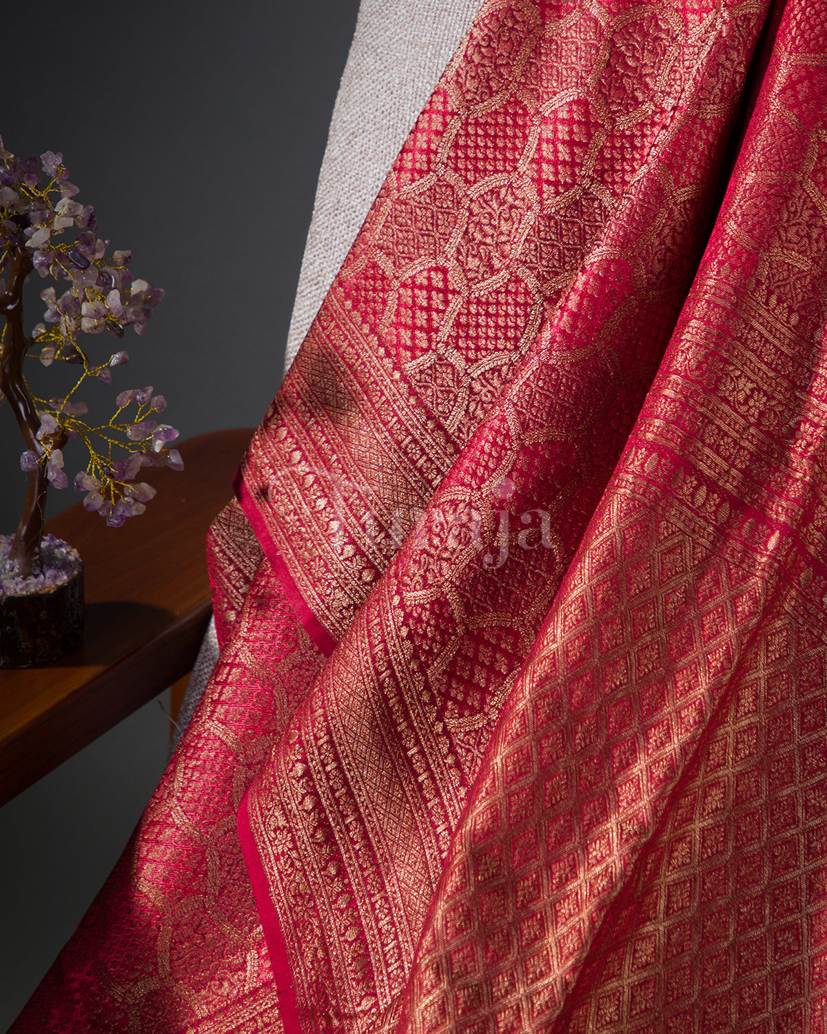 Single Tone Brocade: Red Mysore Crepe Silk Saree