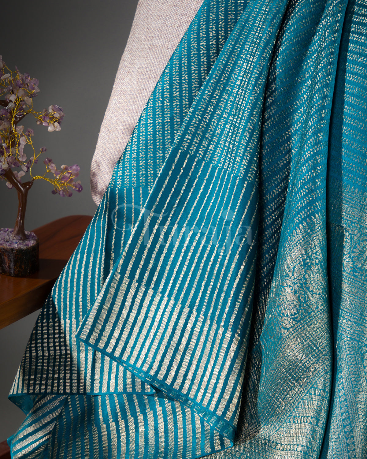 Stripes Saga: Rama Blue Mysore Crepe Silk Saree