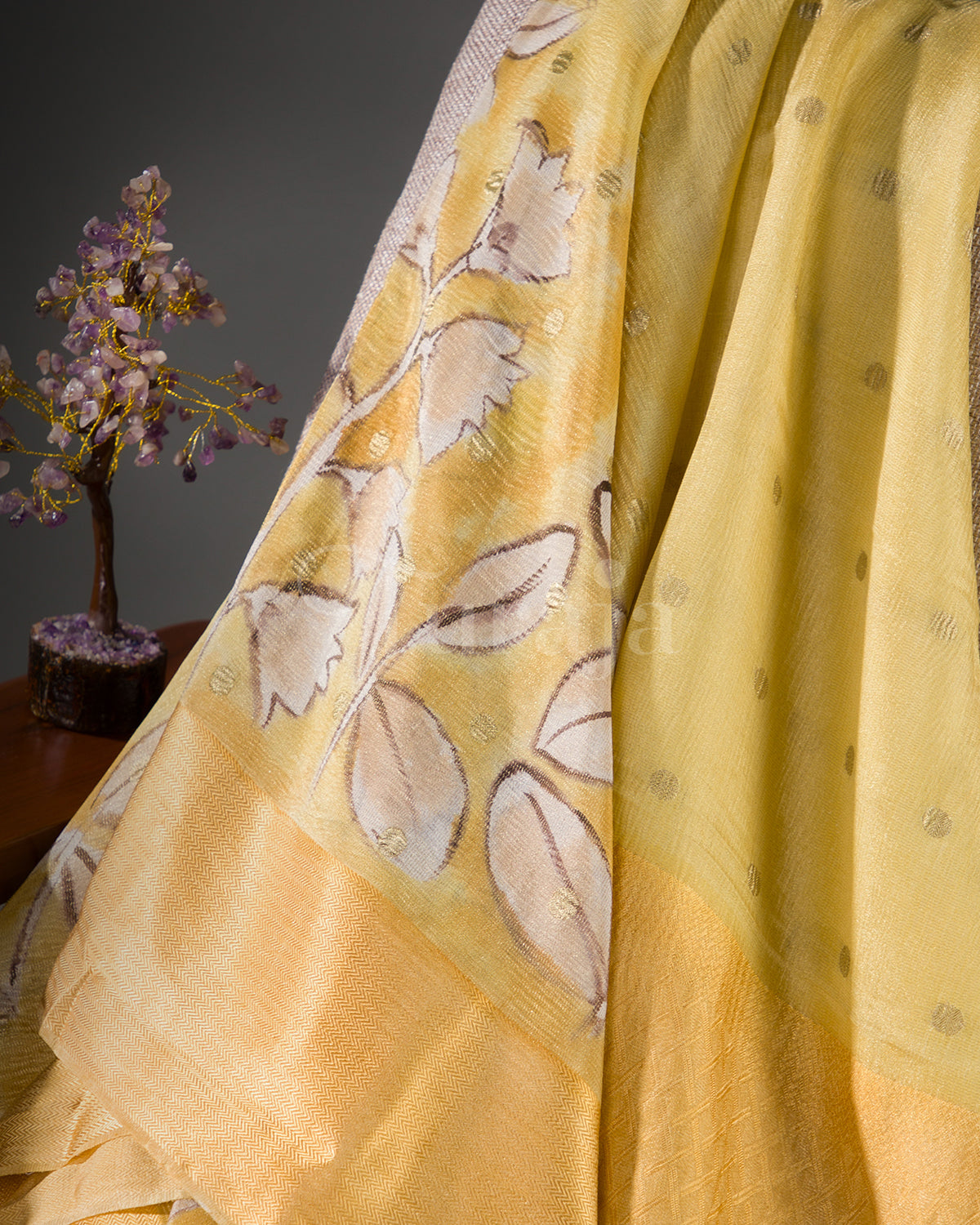 Whispering Bloom: Yellow Mysore Crepe Silk Saree