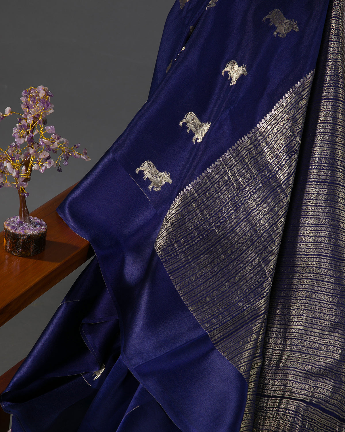 Pichwai - Navy Blue Mysore Crepe Silk Saree